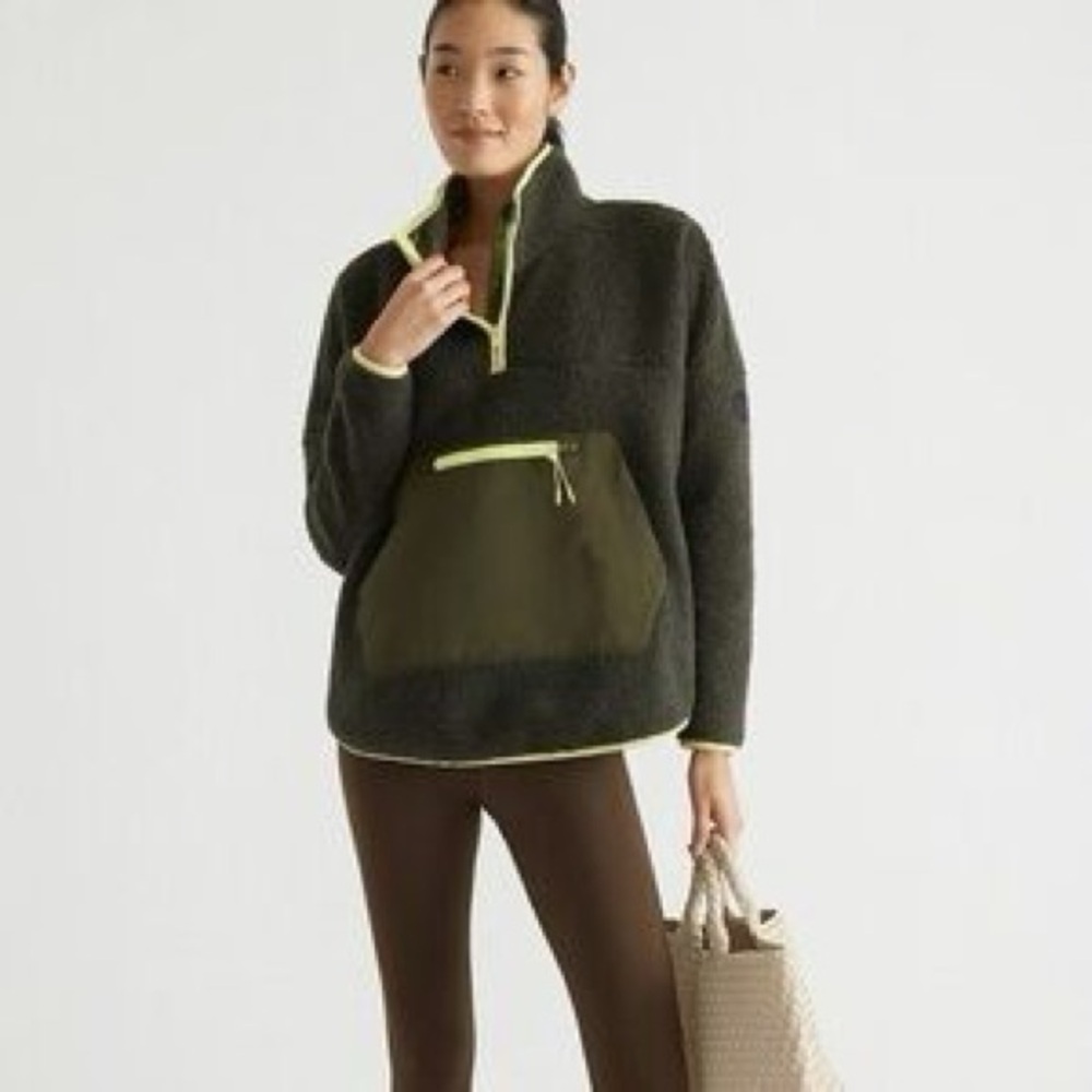 Tuckernuck Olive Teddy Pullover with Neon Yellow Trim
